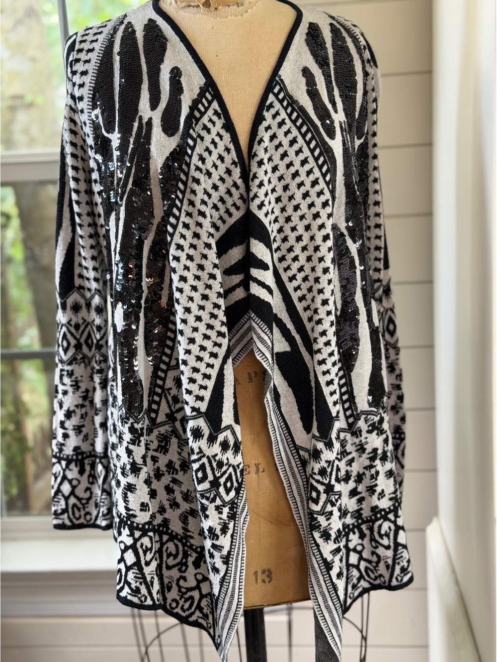 Chico's Zebra Whimsy Chic Jacquard Katie Sequin Waterfall Cardigan Women M/L